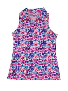 Tzu Tzu Allie Quarter Zip Polo Tank Top Size Small Neon Rainbow Zebra Print Golf